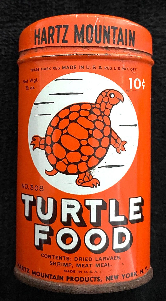 1950\'s TURTLE FOOD Vintage ORANGE oval TIN 10 cent, w/ Turtle PICTURE Hartz NY