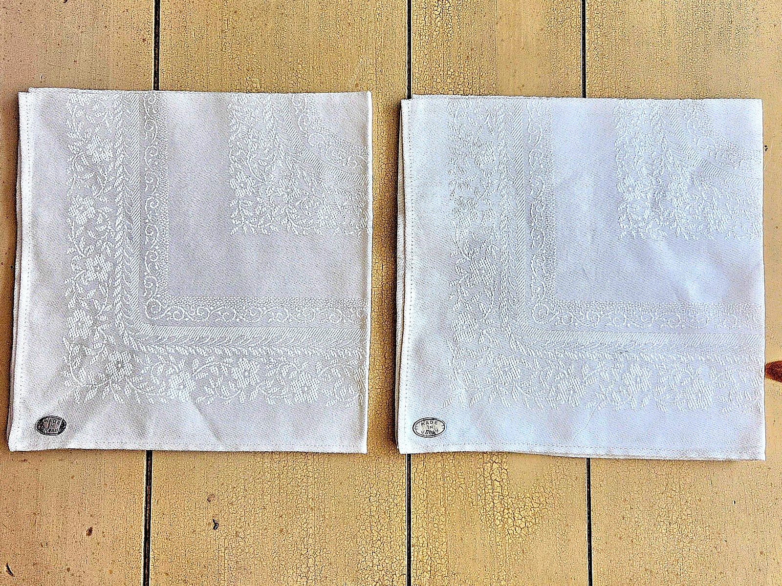 Vtg MCM Cloth Napkins Ivory Damask Floral & Scroll 12 Inch Square Made in Japan Vtg MCM Cloth Napkins Ivory Damask Floral & Scroll 12 Inch Square Made in Japan