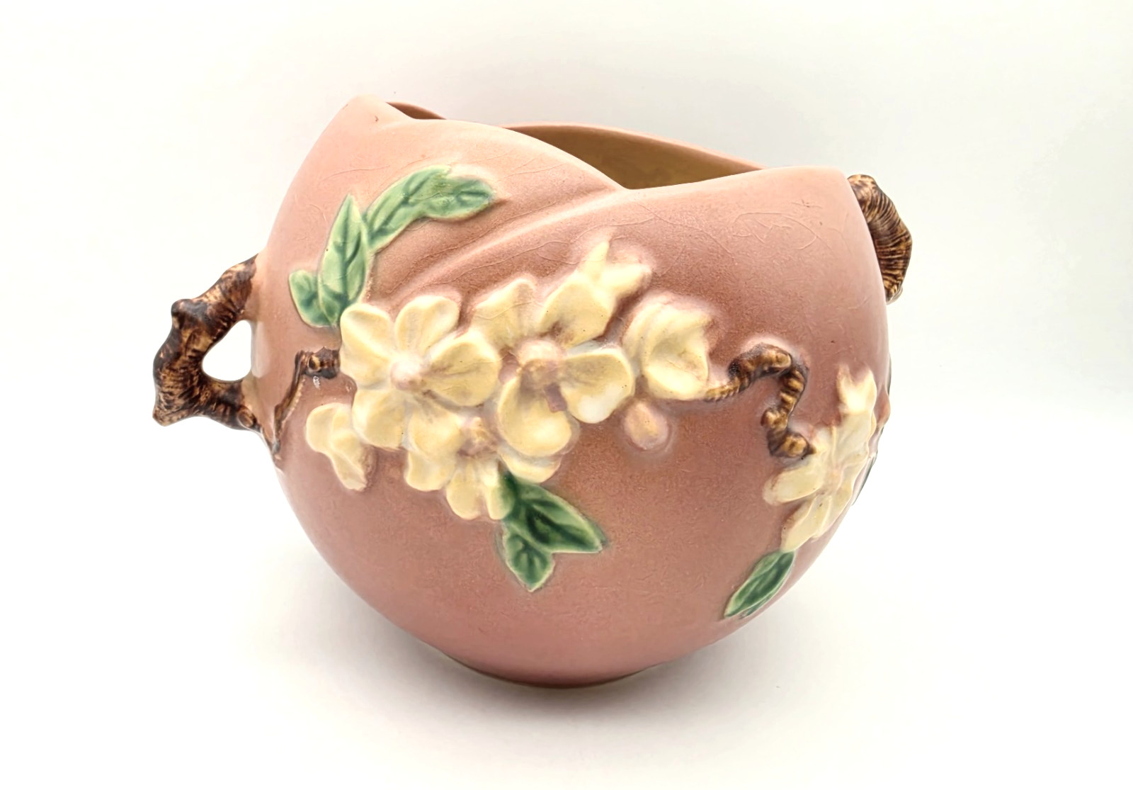 VINTAGE ROSEVILLE #342-6 PINK APPLE BLOSSOM ART POTTERY BOWL/VASE W/TWIG HANDLES