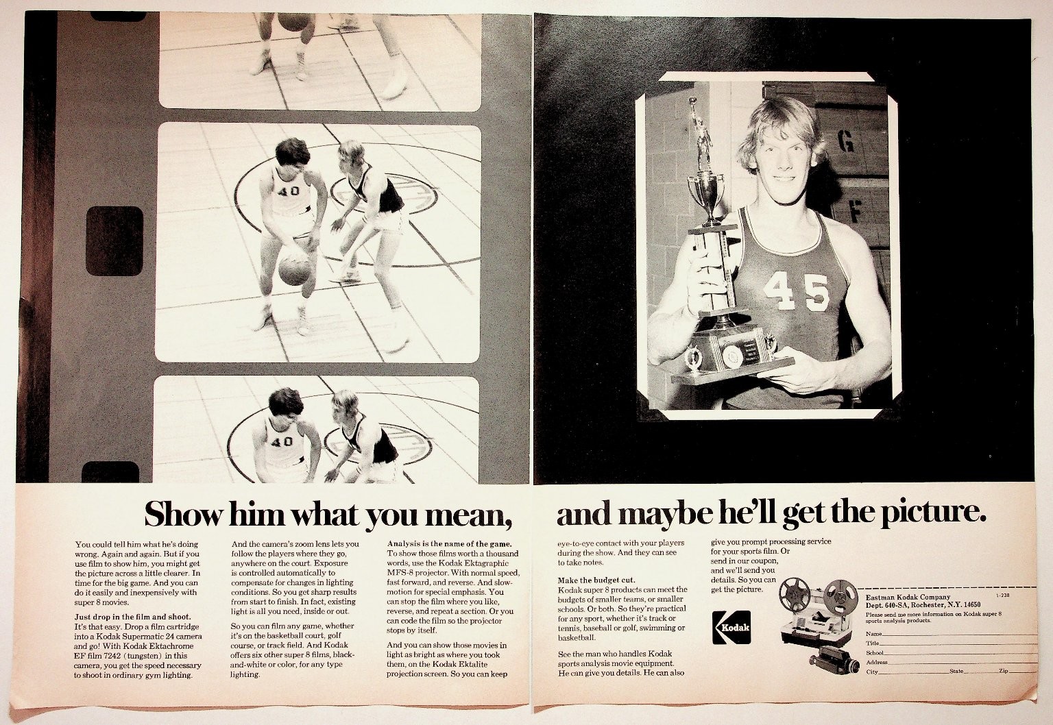 Kodak Super 8 Sports Analysis Vintage Print Ad 1970s Basketball Film Camera