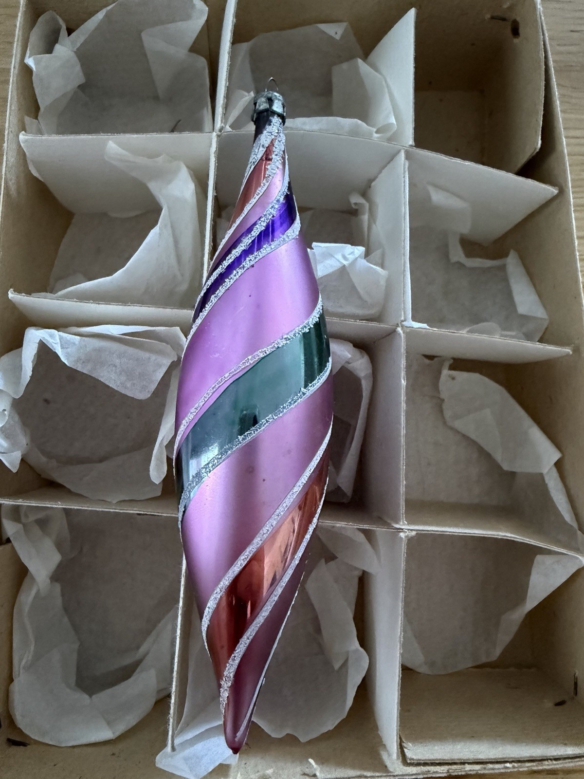 Vintage Poland Candy Stripe Teardrop Glass Christmas Ornament. ( No Box ) Vintage Poland Candy Stripe Teardrop Glass Christmas Ornament. ( No Box )