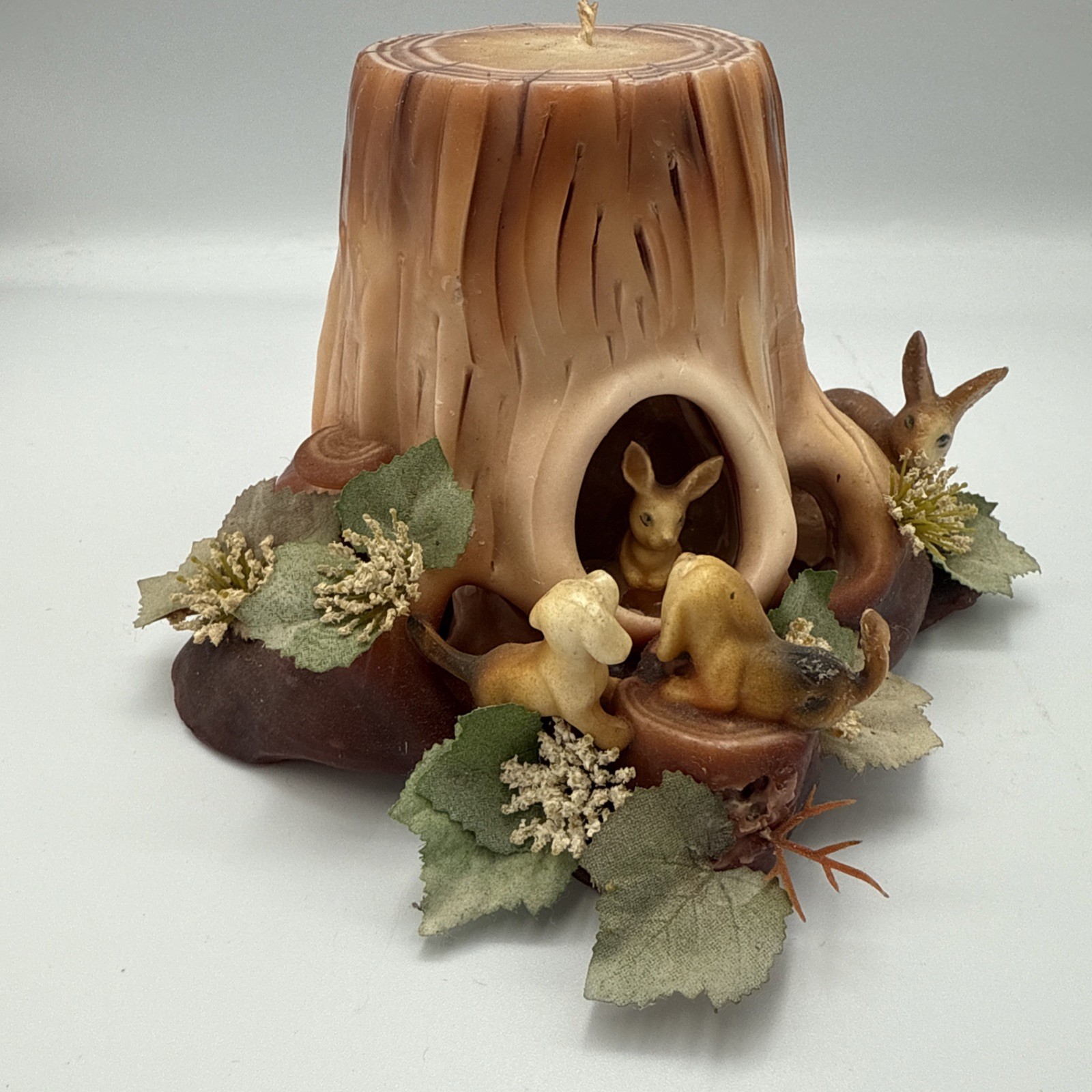 VTG Mcm Woodlands Tree Stump Figural Candle Dog Rabbit FLowers 5” Tall Retro VTG Mcm Woodlands Tree Stump Figural Candle Dog Rabbit FLowers 5” Tall Retro