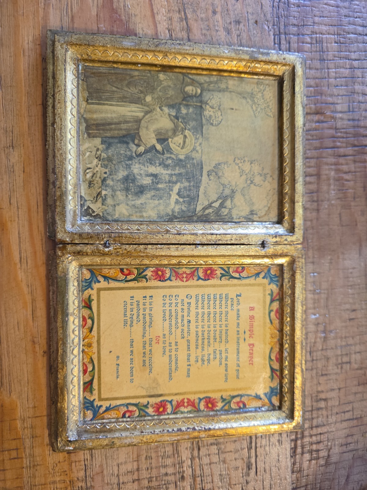 Antique Gold Gilt Florentine Wood Diptych Saint Francis Assisi 'A Simple Prayer'