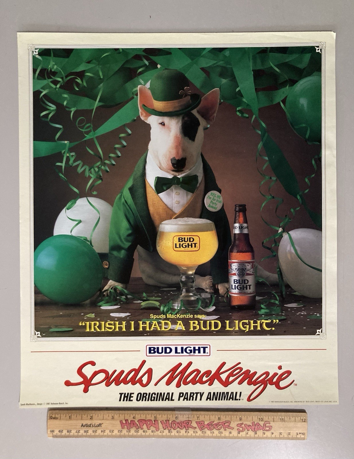 🔥 VTG Spuds McKenzie Dog Budweiser Vintage Beer Irish St Patrick’s Day Poster