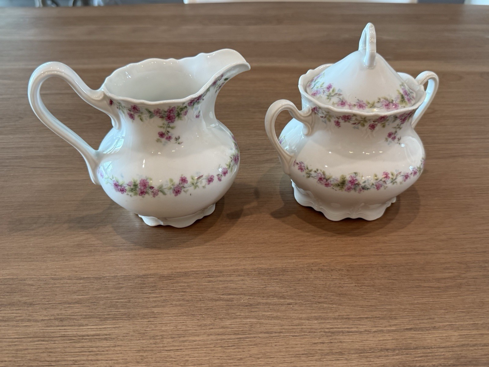C.T.  Germany painted pink roses creamer and sugar holder German set