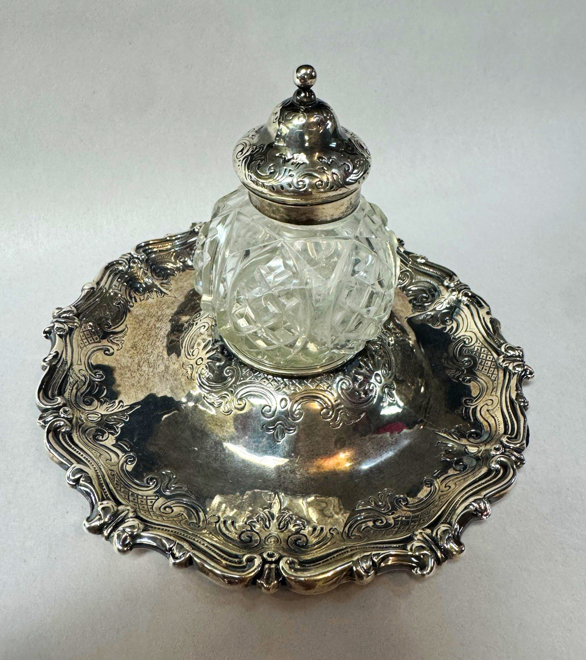 Antique Victorian 1800s English Sterling Silver Inkwell Crystal