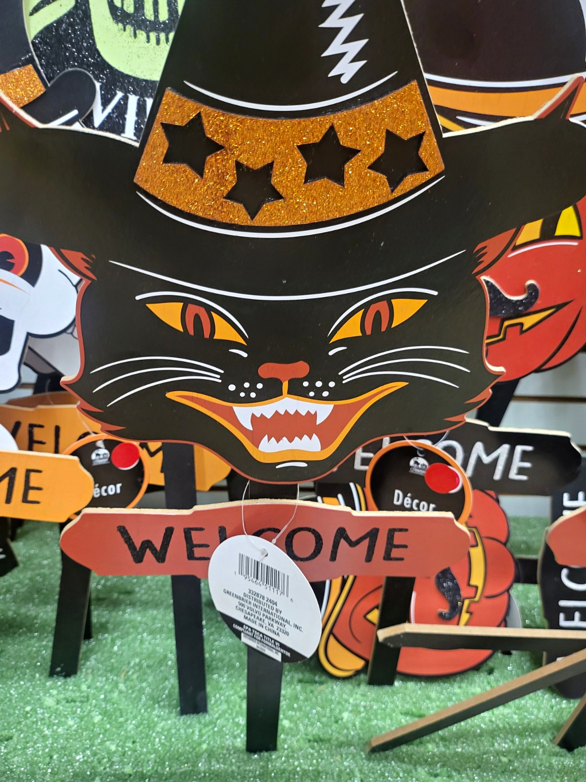 Greenbrier Halloween Black Cat Welcome Garden Stake Wood Glitter Outdoor