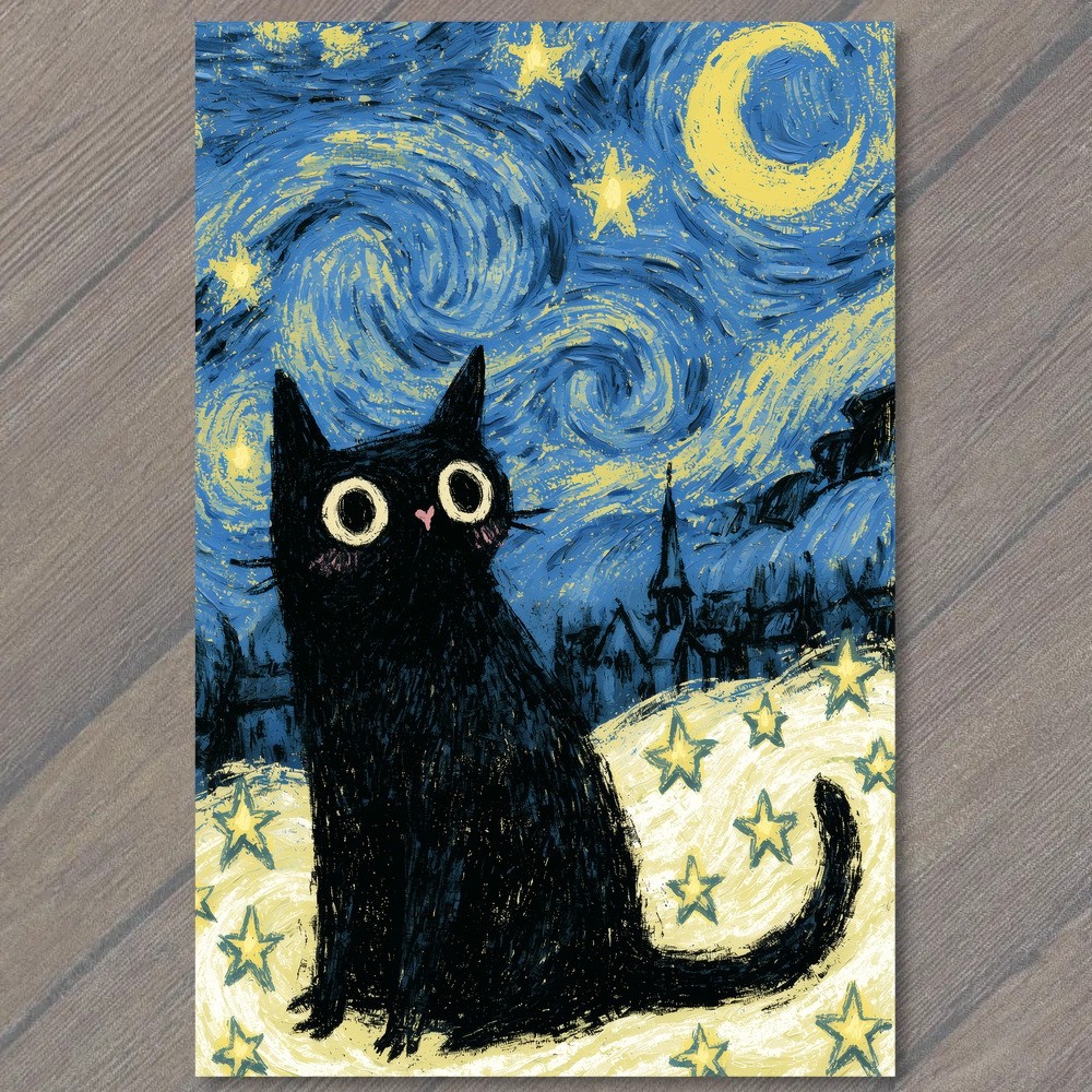 POSTCARD Black Cat Starry Night Sky Moon Village Gothic Surreal Fantasy Magical POSTCARD Black Cat Starry Night Sky Moon Village Gothic Surreal Fantasy Magical
