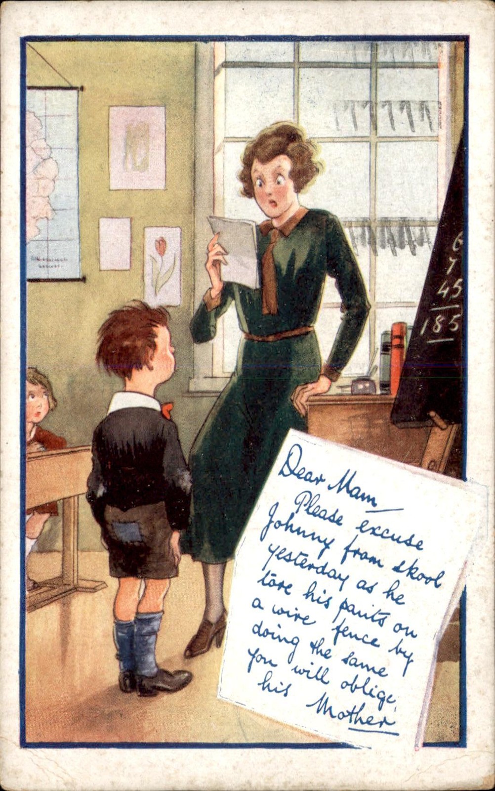 Schoolroom Humor Boy Torn Pants Comic Series c1910s-20s Vintage Postcard