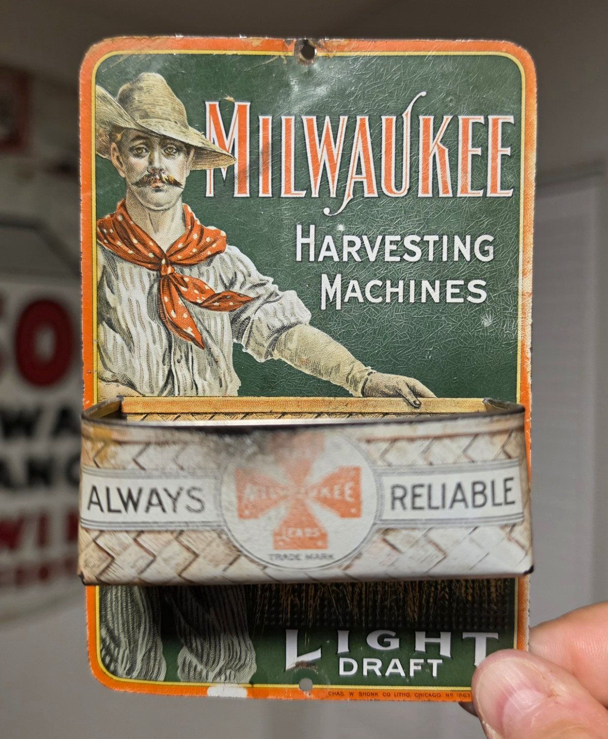 Antique Milwaukee Harvesting Machines Vintage Tin Advertising Match Holder