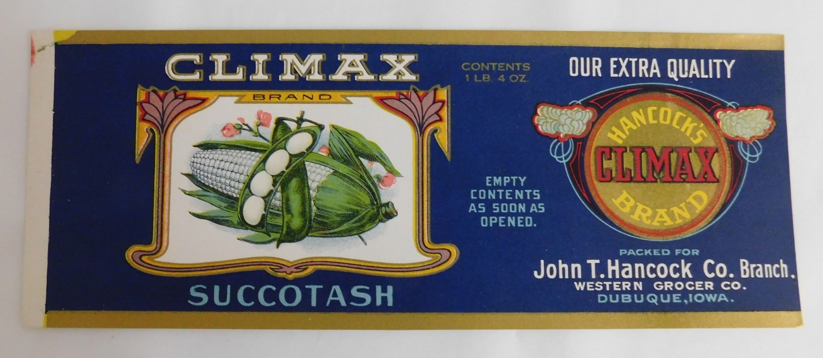 10 Vintage Climax Brand Succotash Can Labels. Dubuque,Iowa