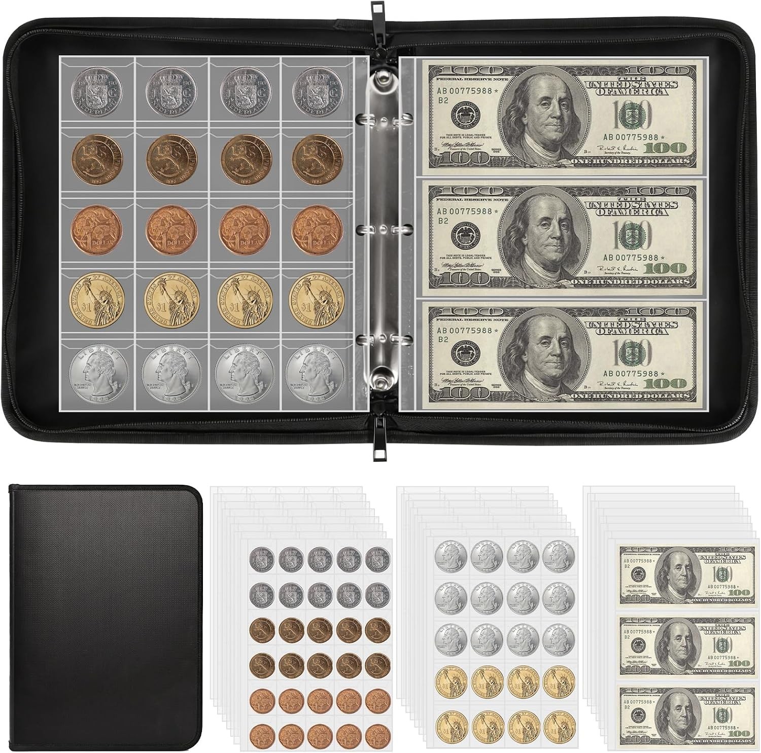Coin Collection Book Album Holder for Collectors 400 Coin &36 Paper Money Pocket