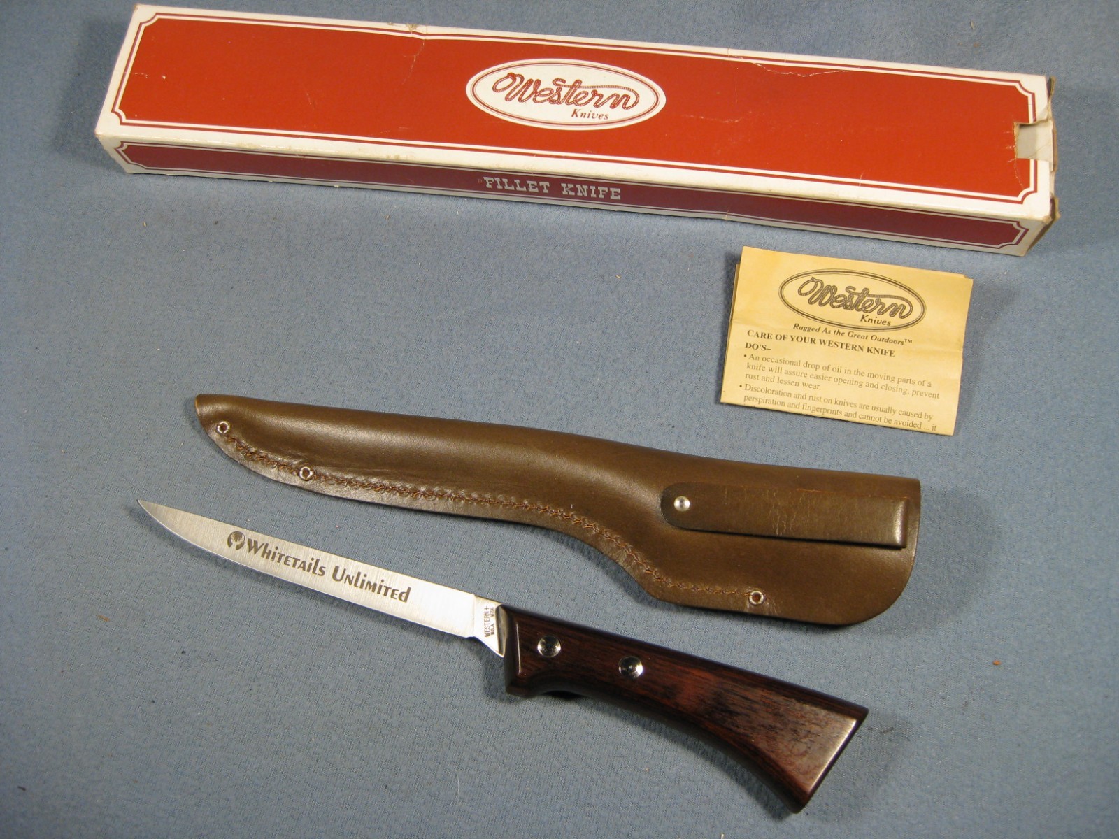 NOS. Vintage Western W766 Whitetails Fillet Knife with Original Box & Sheath