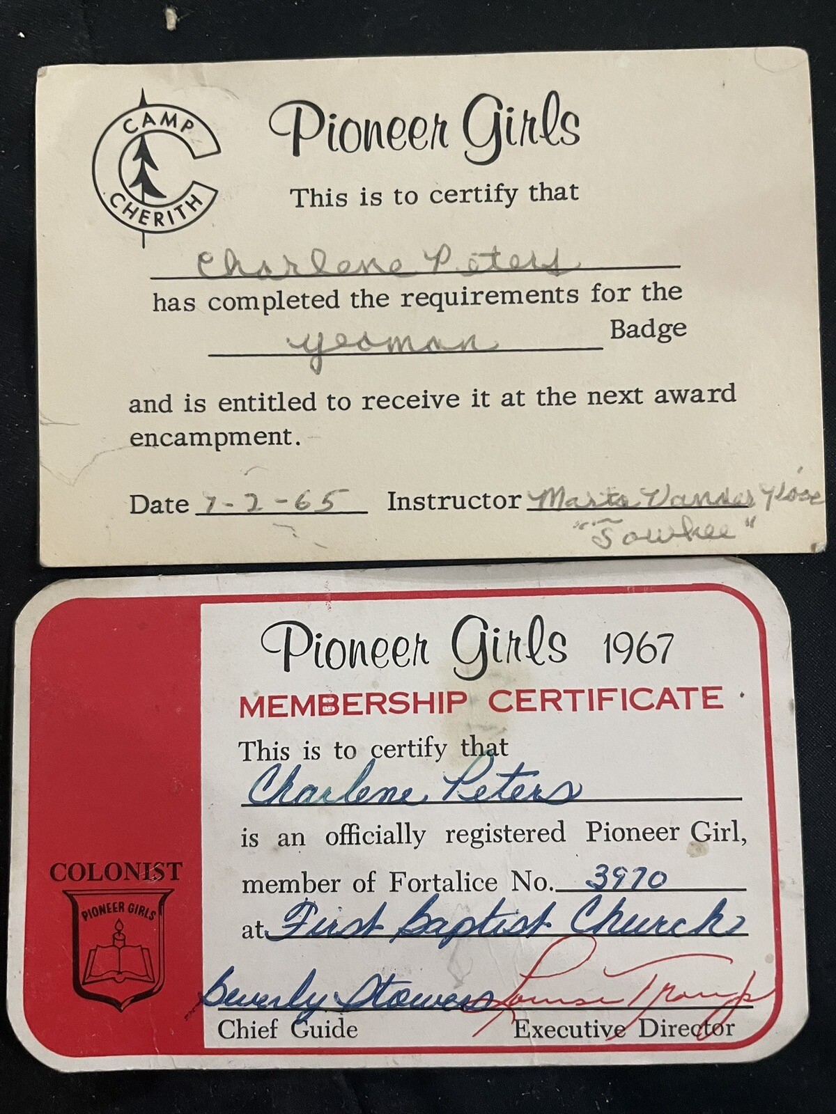 2 Vintage First Baptist Church PIONEER GIRLS MEMBERSHIP CARDS 1965, 1967 2 Vintage First Baptist Church PIONEER GIRLS MEMBERSHIP CARDS 1965, 1967
