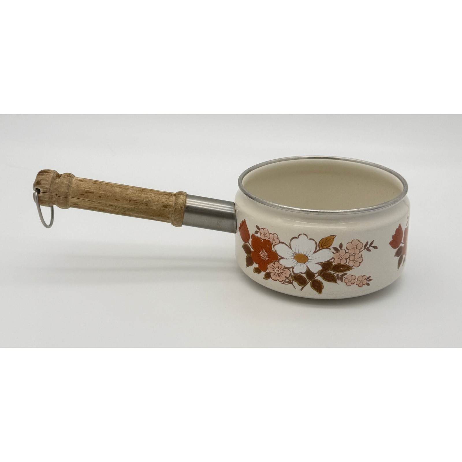 Vintage Kingsbury Dogwood Enamel Saucepan Wood Handle Floral Made in Japan