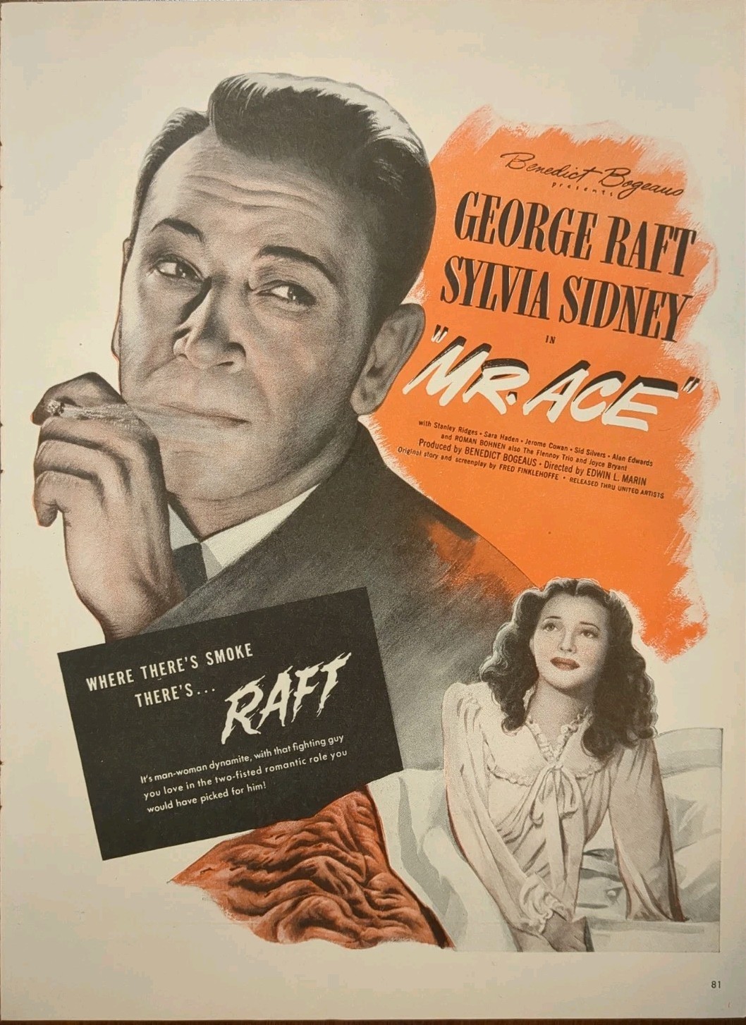 1946 Vintage Movie Print Ad Mr. Ace Features George Raft, Sylvia Sidney