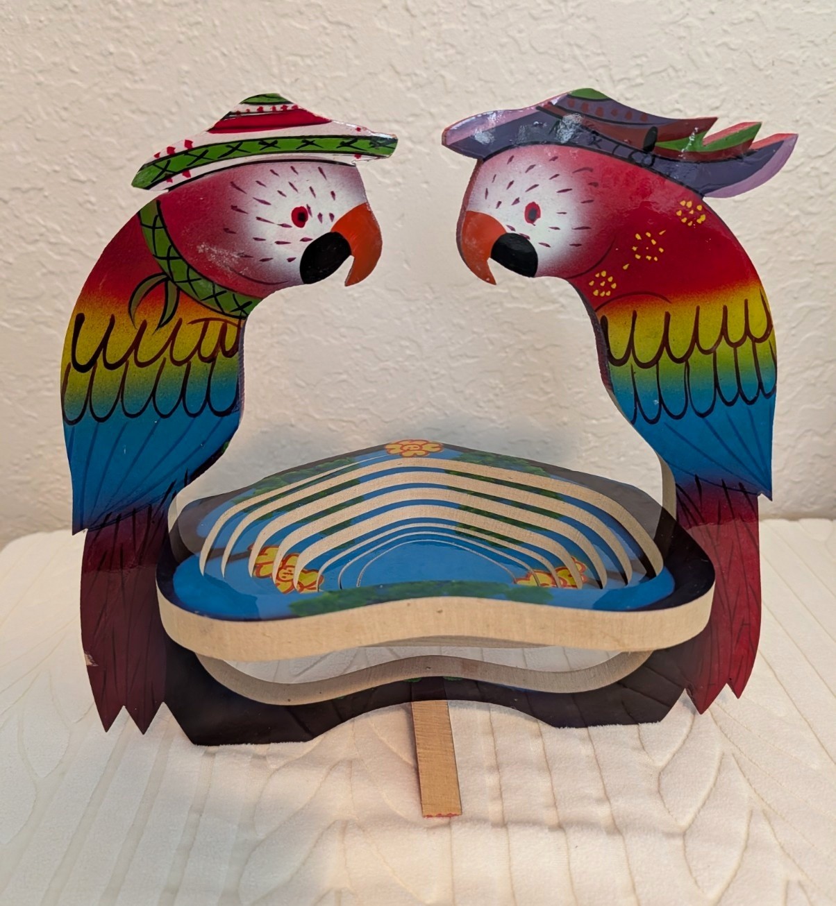 Vintage Hand Painted Wooden Parrot Collapsible Folding Fruit Basket Trivet Bowl
