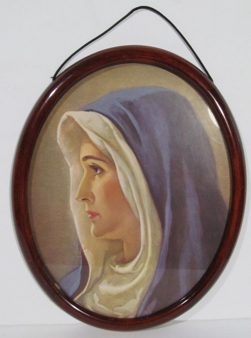 Vtg Virgin Mary Portrait Print Oval Cherry Wood Frame Gold 11” X 9” Germany Vtg Virgin Mary Portrait Print Oval Cherry Wood Frame Gold 11” X 9” Germany