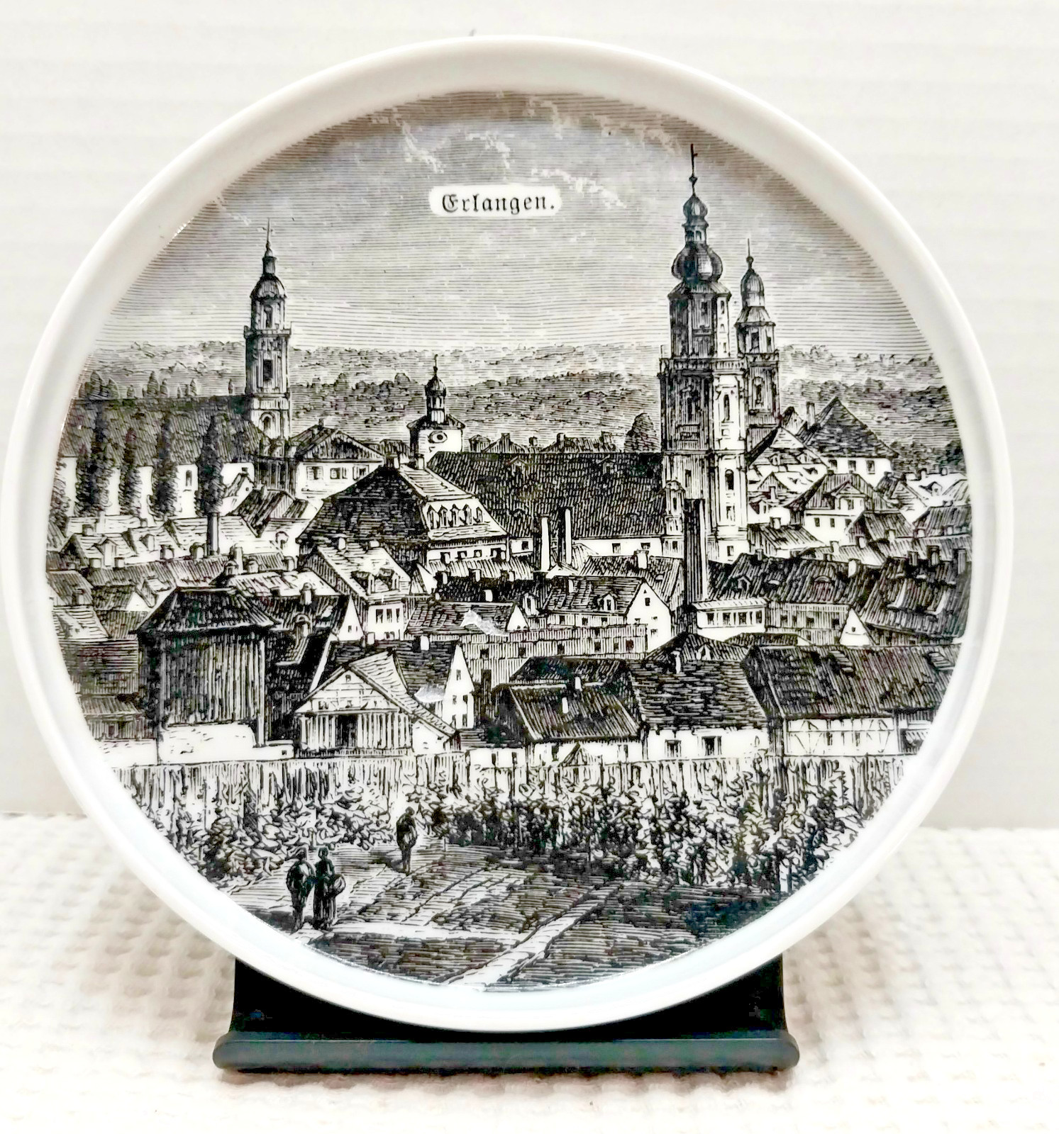 Vtg Uhlenhorst German Handmade Black Transferware Scene Erlangen Souvenir Plate