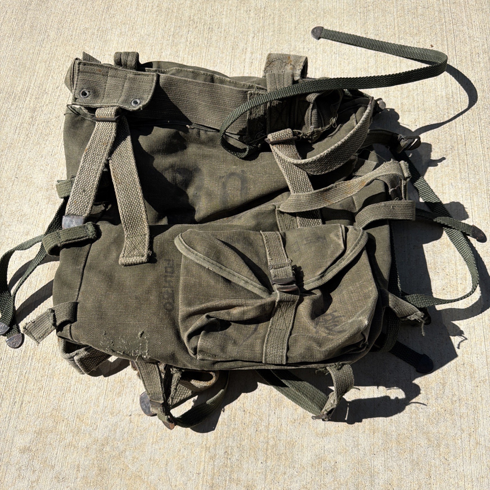 Vintage Army  Canvas Combat Backpack OD Green ARVN Style Field Pack Multi Strap