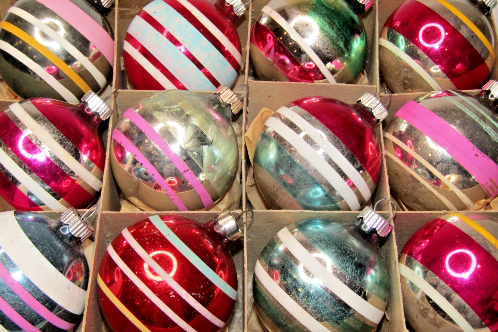 Lot Vintage Glass Striped Medium BALL Christmas Ornaments Shiny Brite Corning