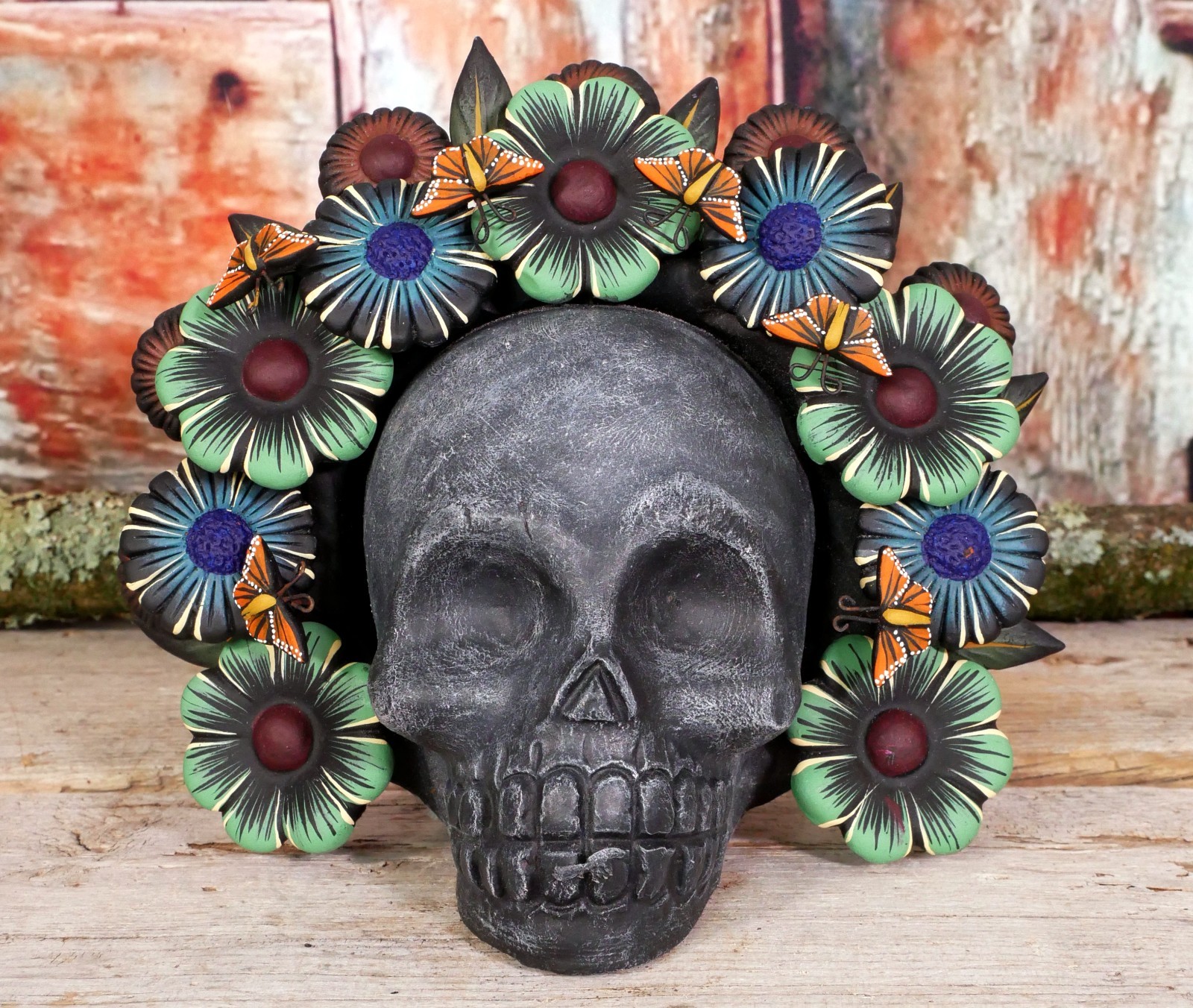 Frida Kahlo Sugar Skull Day of the Dead Handmade Floral Headdress Clay Mexican