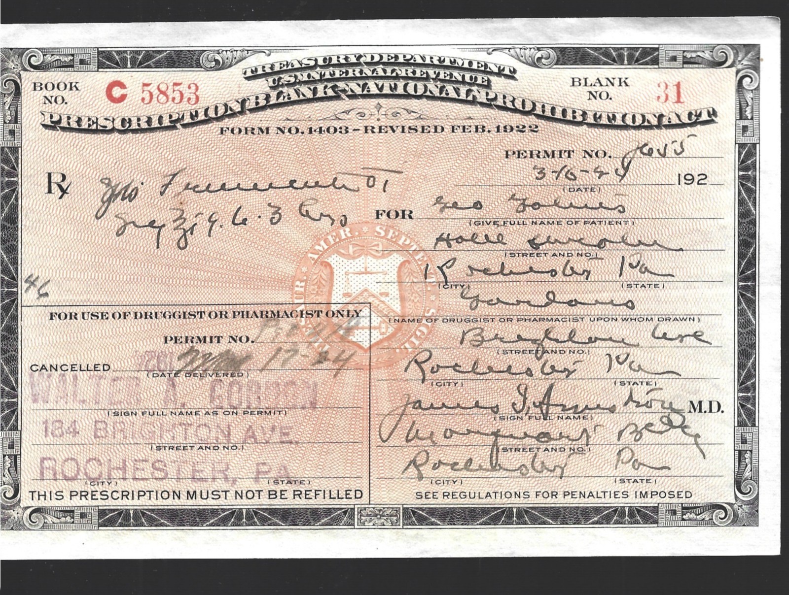 Prohibition Era Collectibles, Prescription Blank 