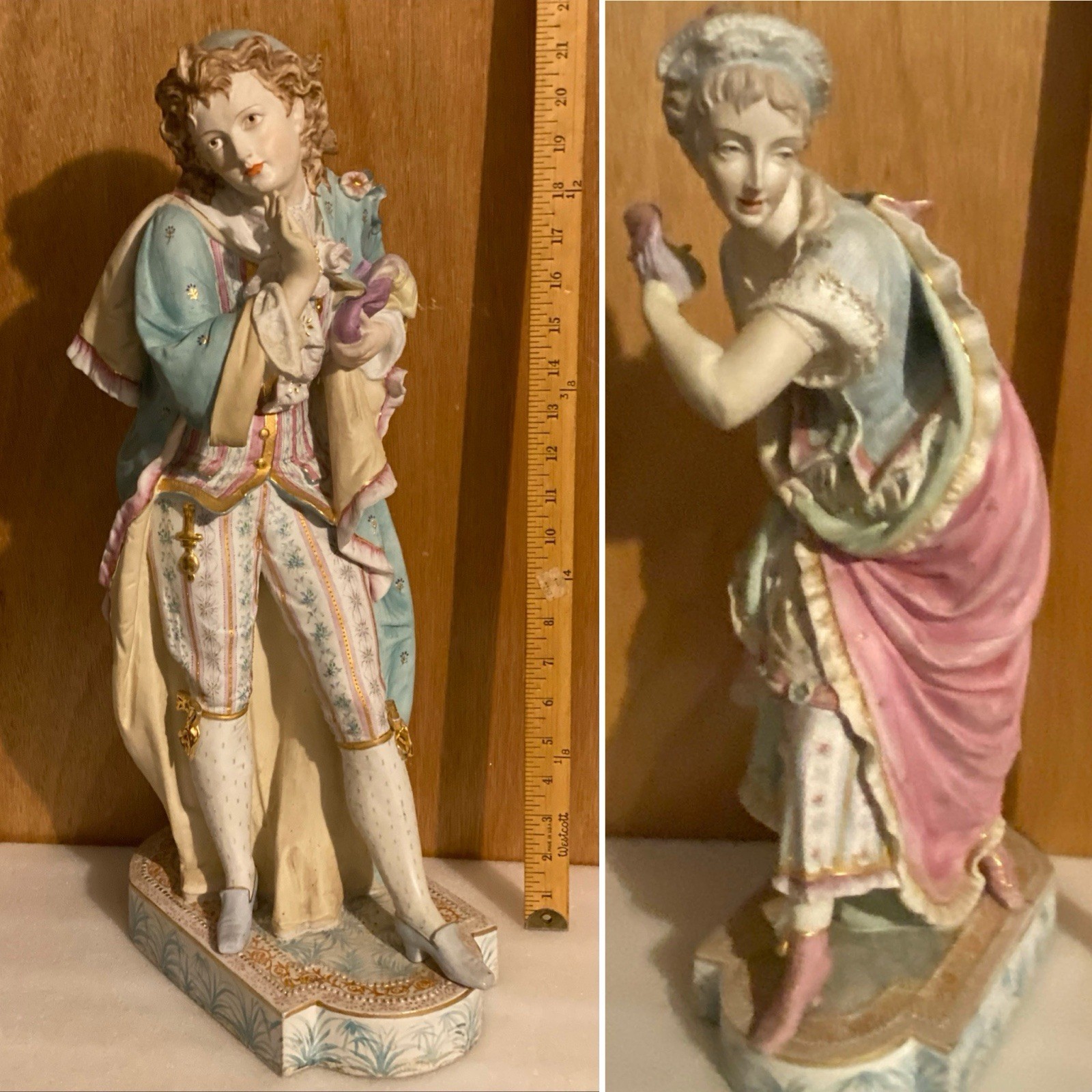 PAIR OF LARGE VINTAGE BISQUE SYLVAN CHINA PORCELAIN FIGURAL 21