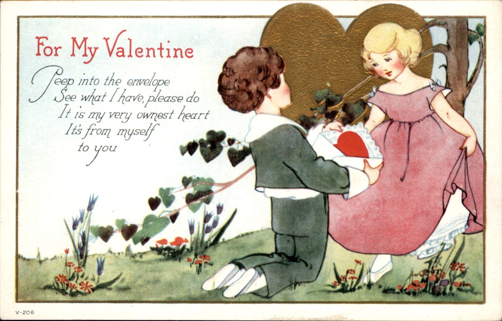 Valentine\'s Day Boy and Girl with Heart Love c1910s-20s Vintage Postcard
