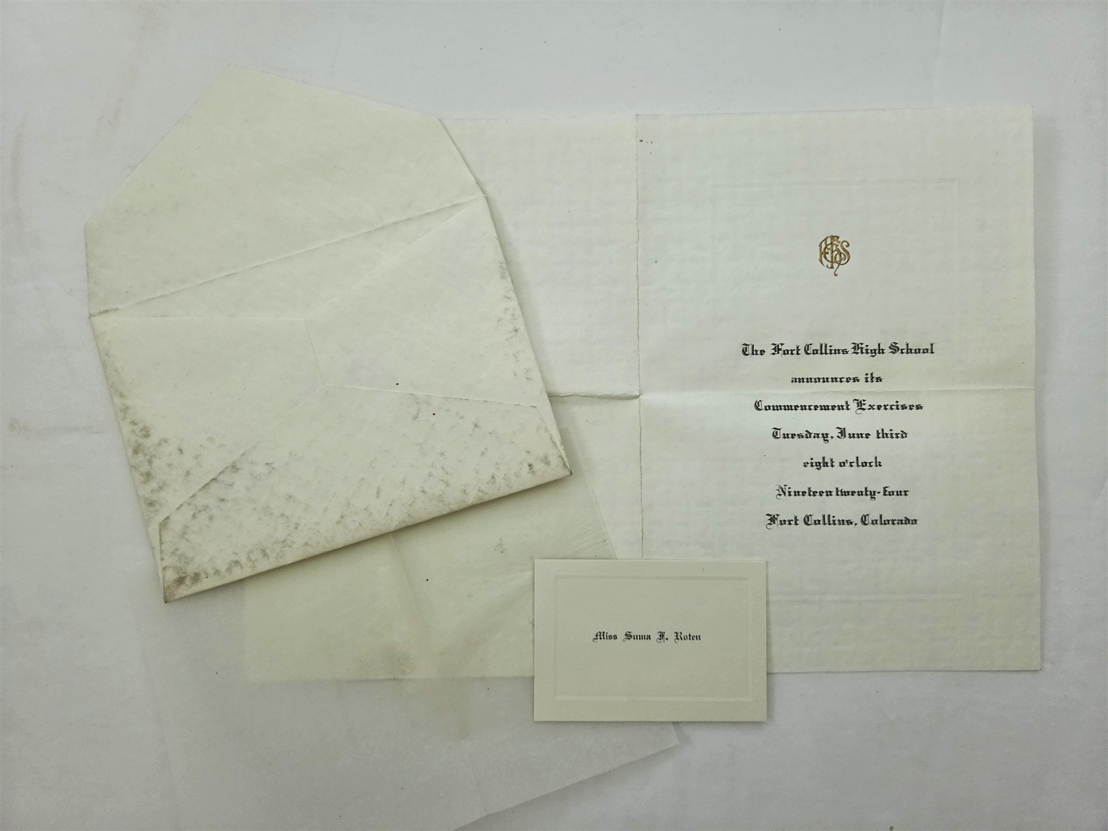 1924 vintage FORT COLLINS HIGH SCHOOL co COMMENCEMENT INVITATION SUMA F ROTEN
