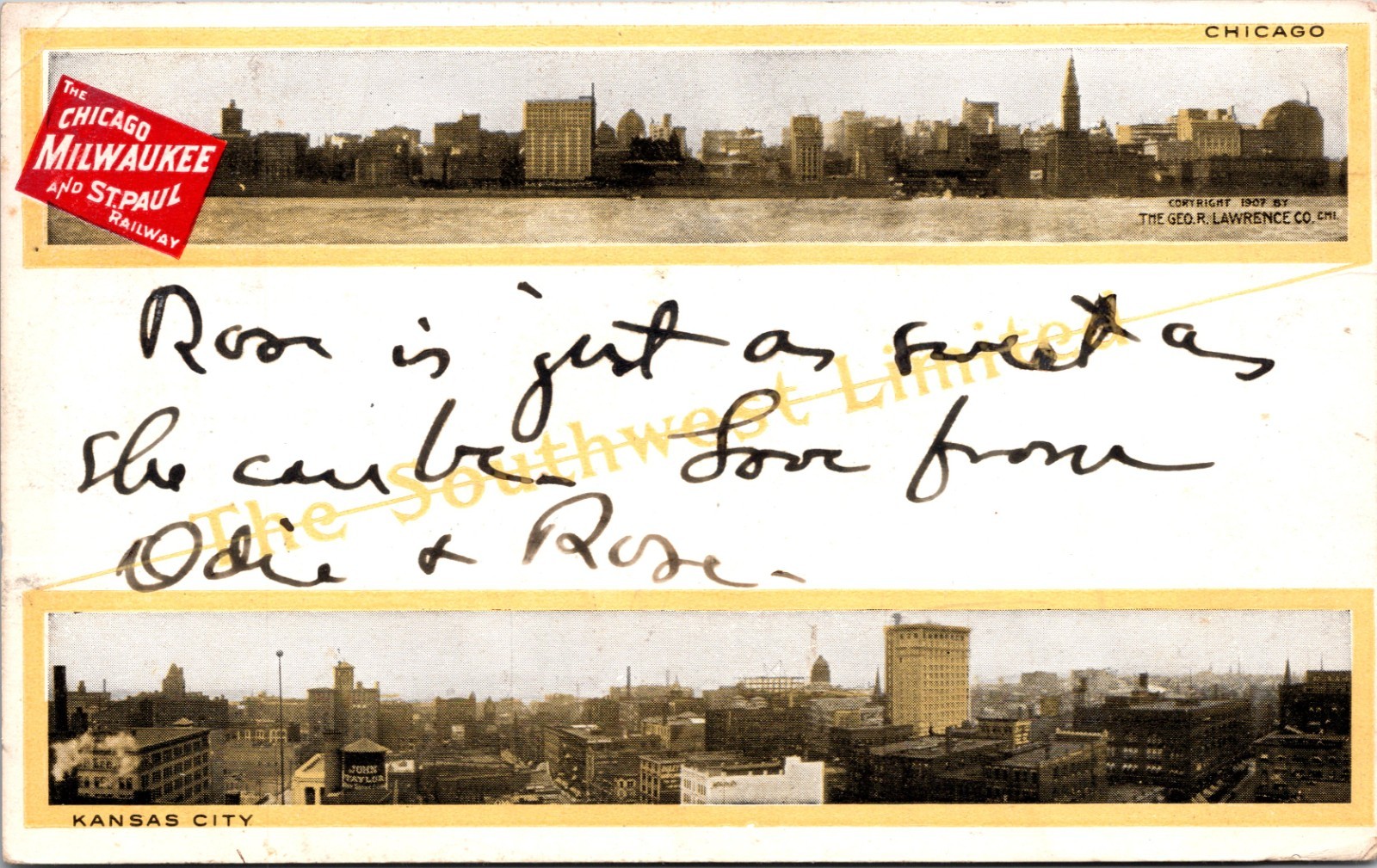 Skyline Dual View Chicago Kansas City CMStP&P Railroad Advertising Postcard B30
