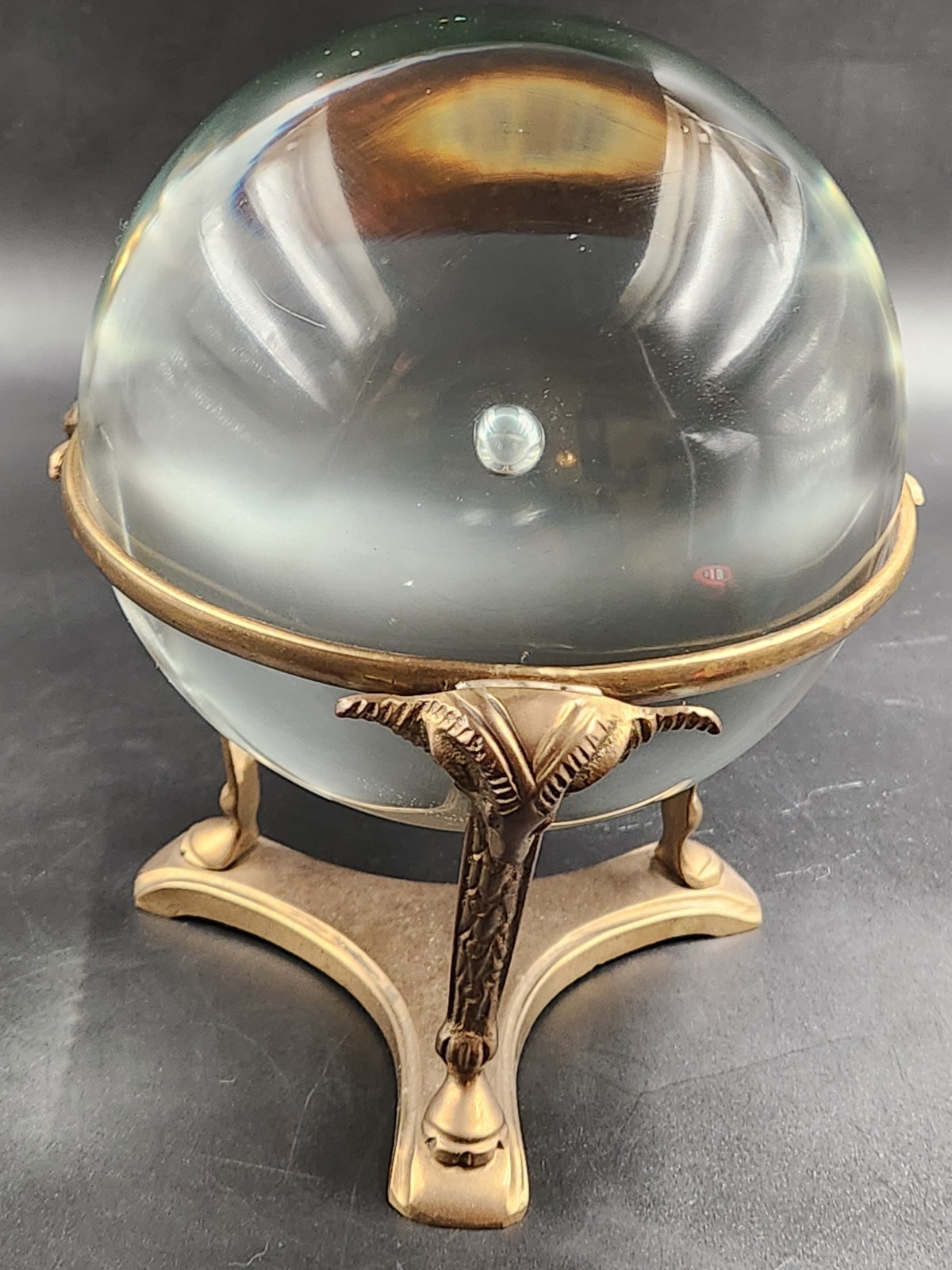 Glass Sphere On Vintage Brass Tripod Stand with Ram's Heads Glass Sphere On Vintage Brass Tripod Stand with Ram's Heads