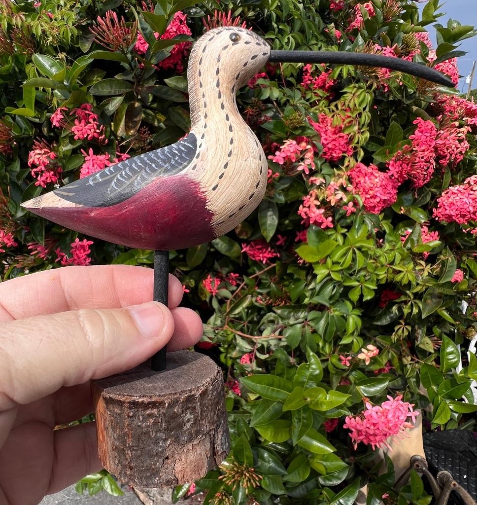 Small Decoy Wood Carving Staue of a Shorebird Bird Handpainted Wooden Carved Art