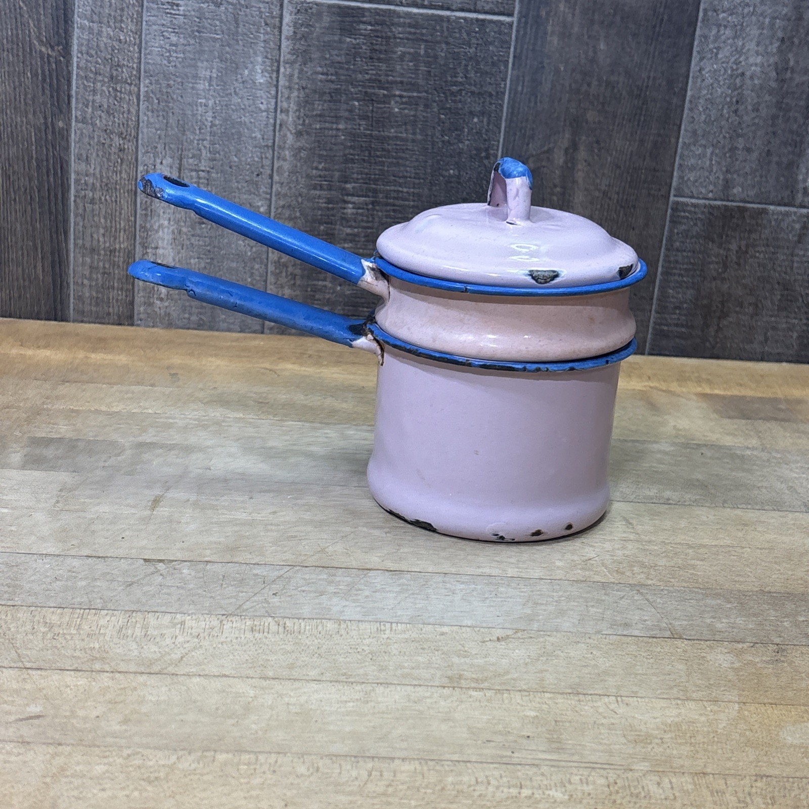 Vintage Mini Pink Blue Enamelware Double Boiler 3 Piece Set With Lid 1930s–1950s Vintage Mini Pink Blue Enamelware Double Boiler 3 Piece Set With Lid 1930s–1950s