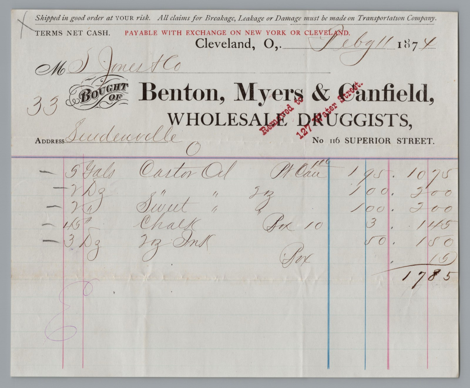 1874 Billhead Benton, Myers & Canfield, DRUGGISTS, Cleveland OH RARE 1874 Billhead Benton, Myers & Canfield, DRUGGISTS, Cleveland OH RARE