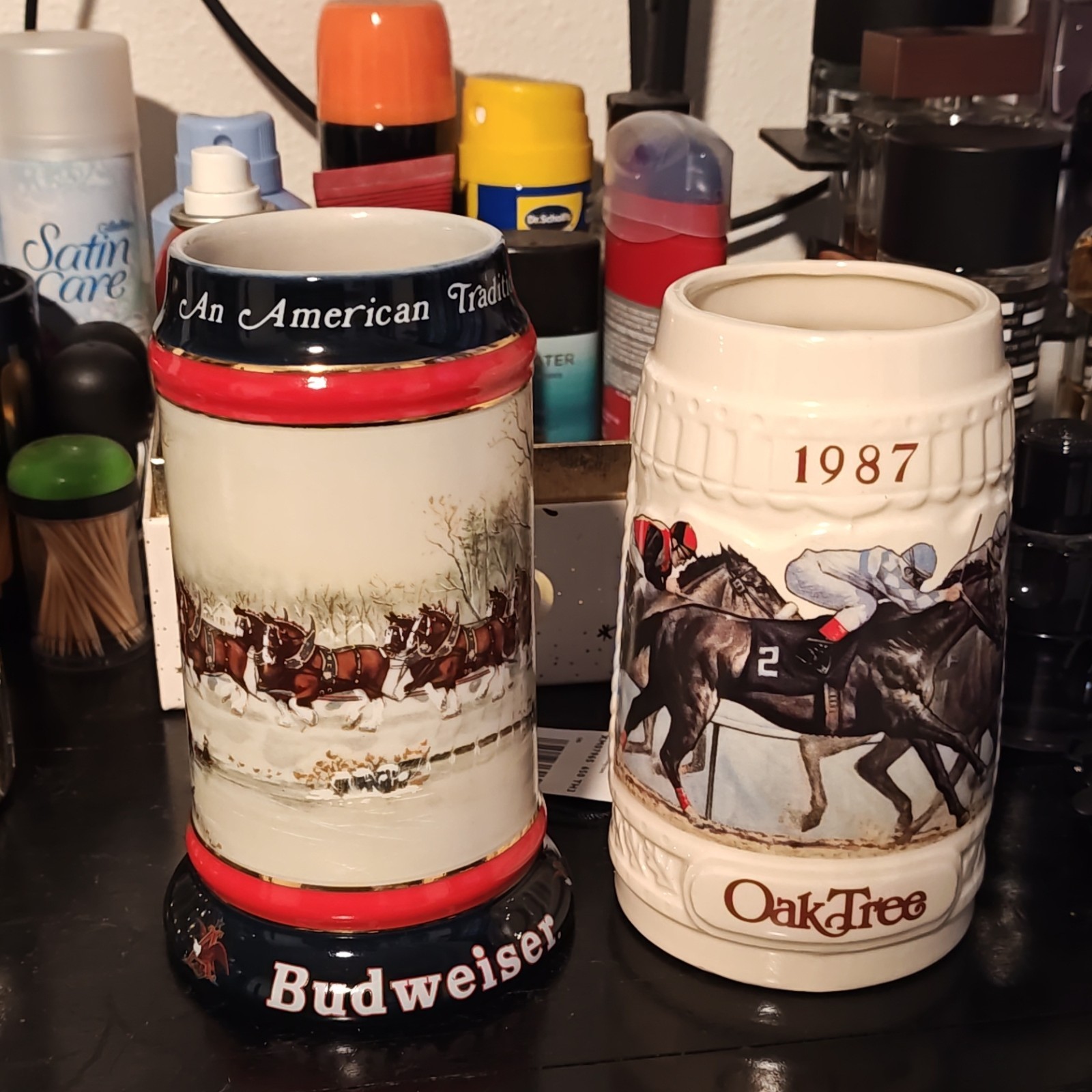 Budweiser 1990 Collector's Series Clydesdales Stein + 1987 Oak Tree Racing