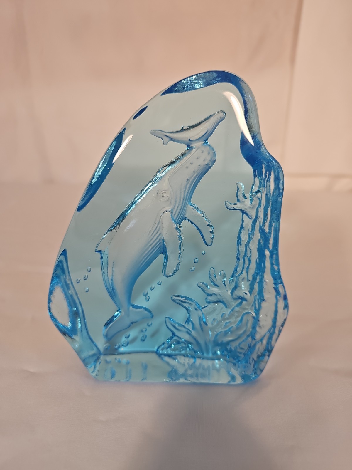 Wyland 2002 Humpback Whale and Calf Blue Glass Sculpture