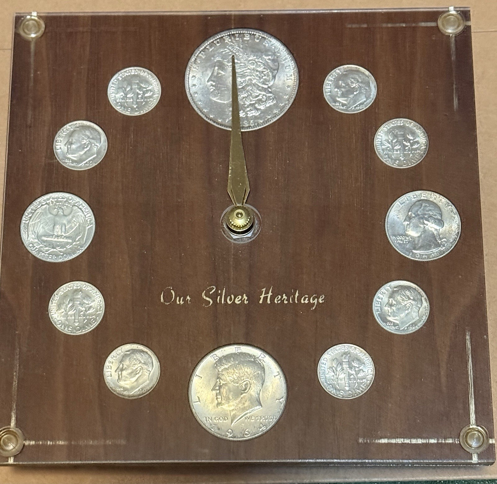 1960s Numismatic desk clock Silver Morgan 1885-O
