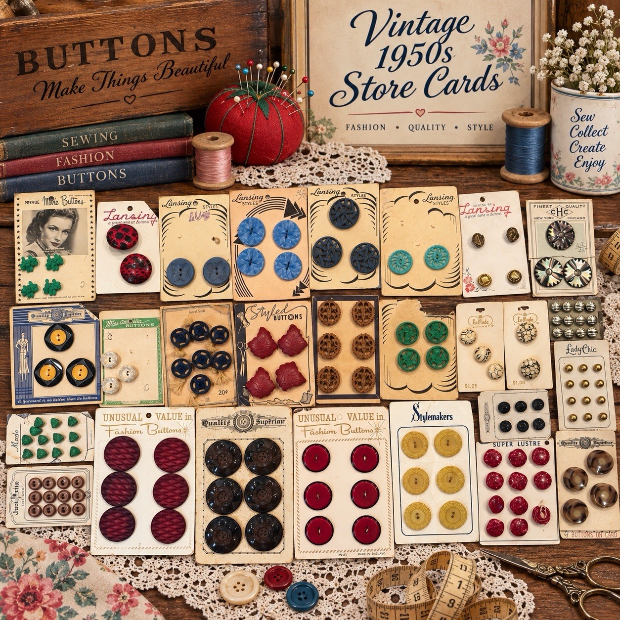 Vintage 1950's BUTTONS store cards~ bakelite, celluloid, wood, pearl, plastic Vintage 1950's BUTTONS store cards~ bakelite, celluloid, wood, pearl, plastic