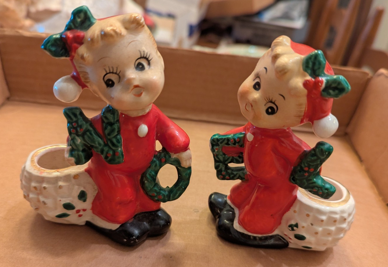 Vintage Commodore Pair NOEL PJ Kids Cherub Candleholders Set Made in Japan - #1