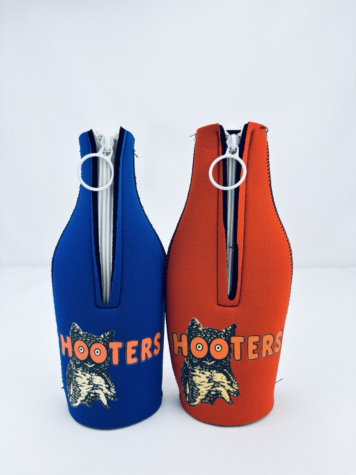 Vintage Hooters Zippered Bottle Koozies Lot of 2 - Orange & Blue Retro Owl