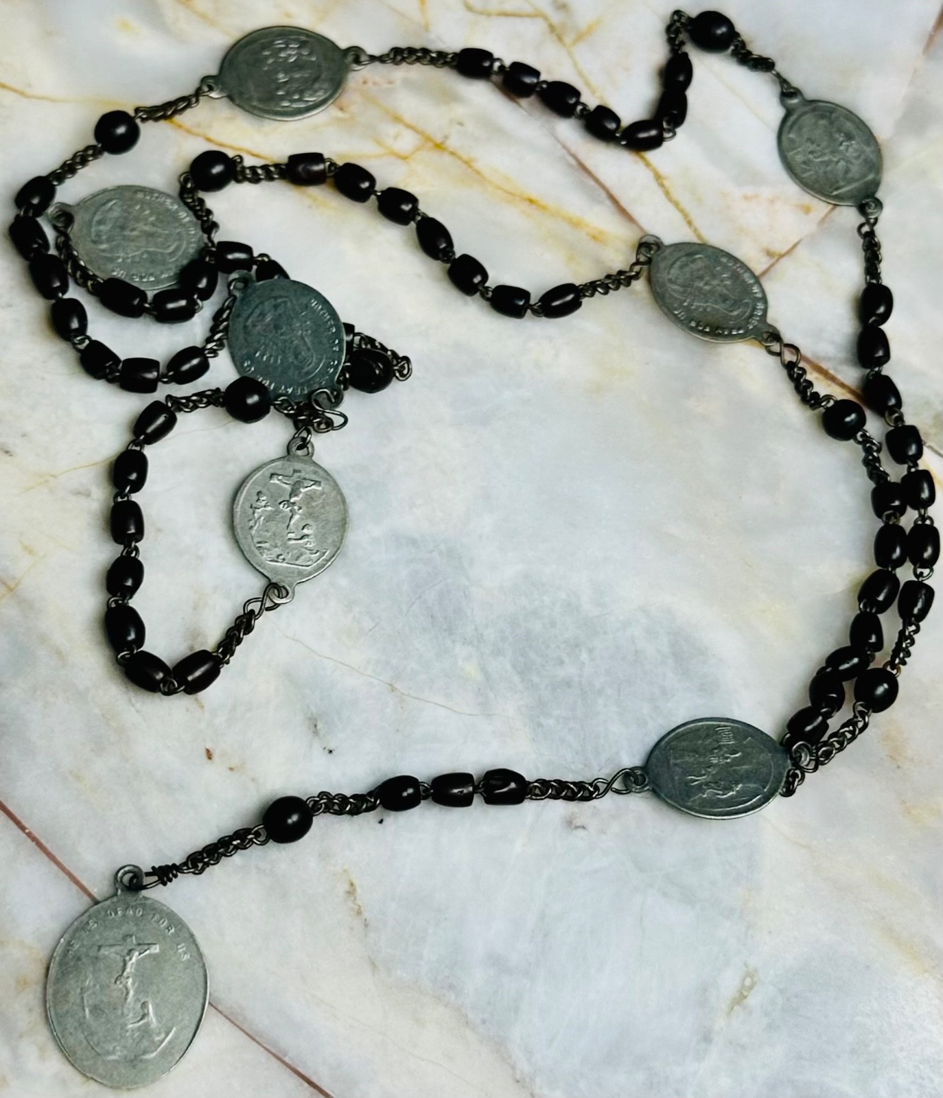 Antique Seven Sorrows of Mary Servite Chaplet Wood Beads Mother of Grief Medal