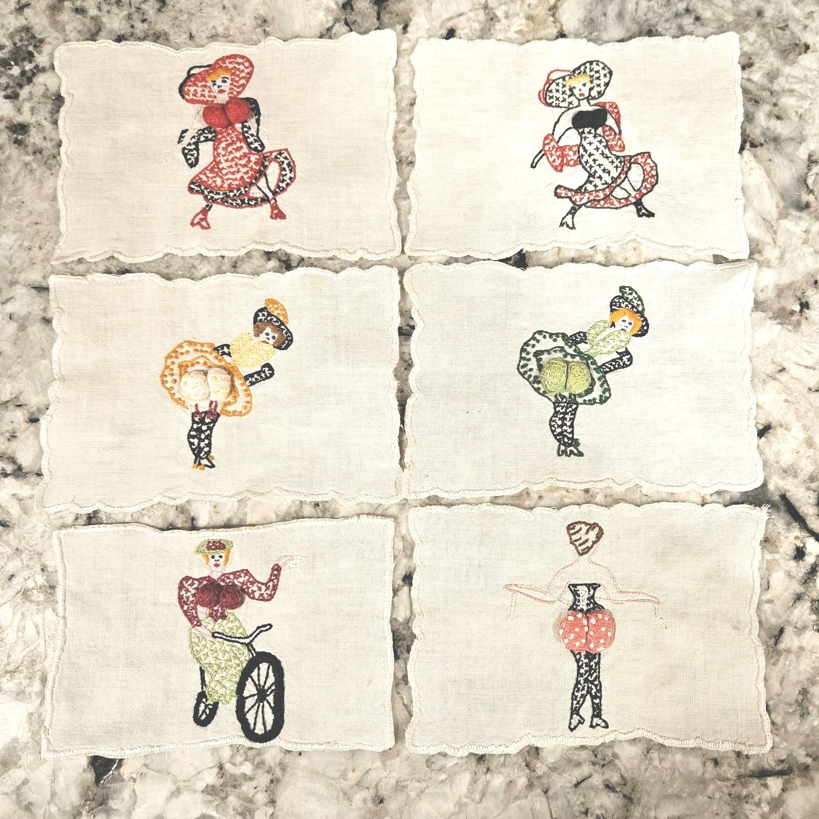 Vintage Cocktail Napkins Risque Naughty Pin Up Girls Madeira Embroidered Linen 6