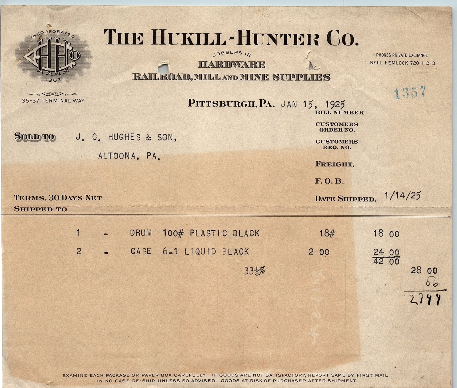 1925 Pittsburgh Hukill-Hunter Co. Hardware Billhead