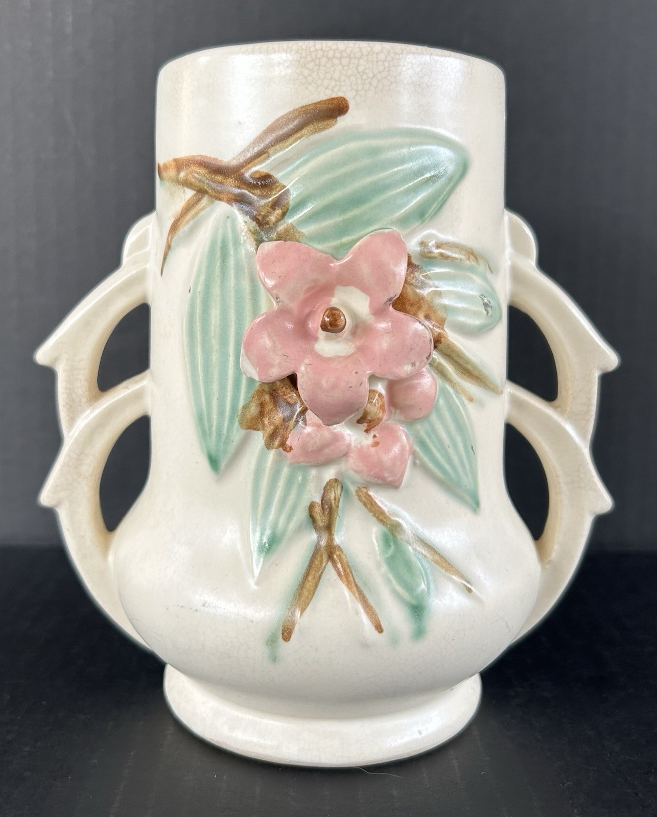 Vintage McCoy Pottery Vase Double Handled Blossom Time 1940's Art Deco