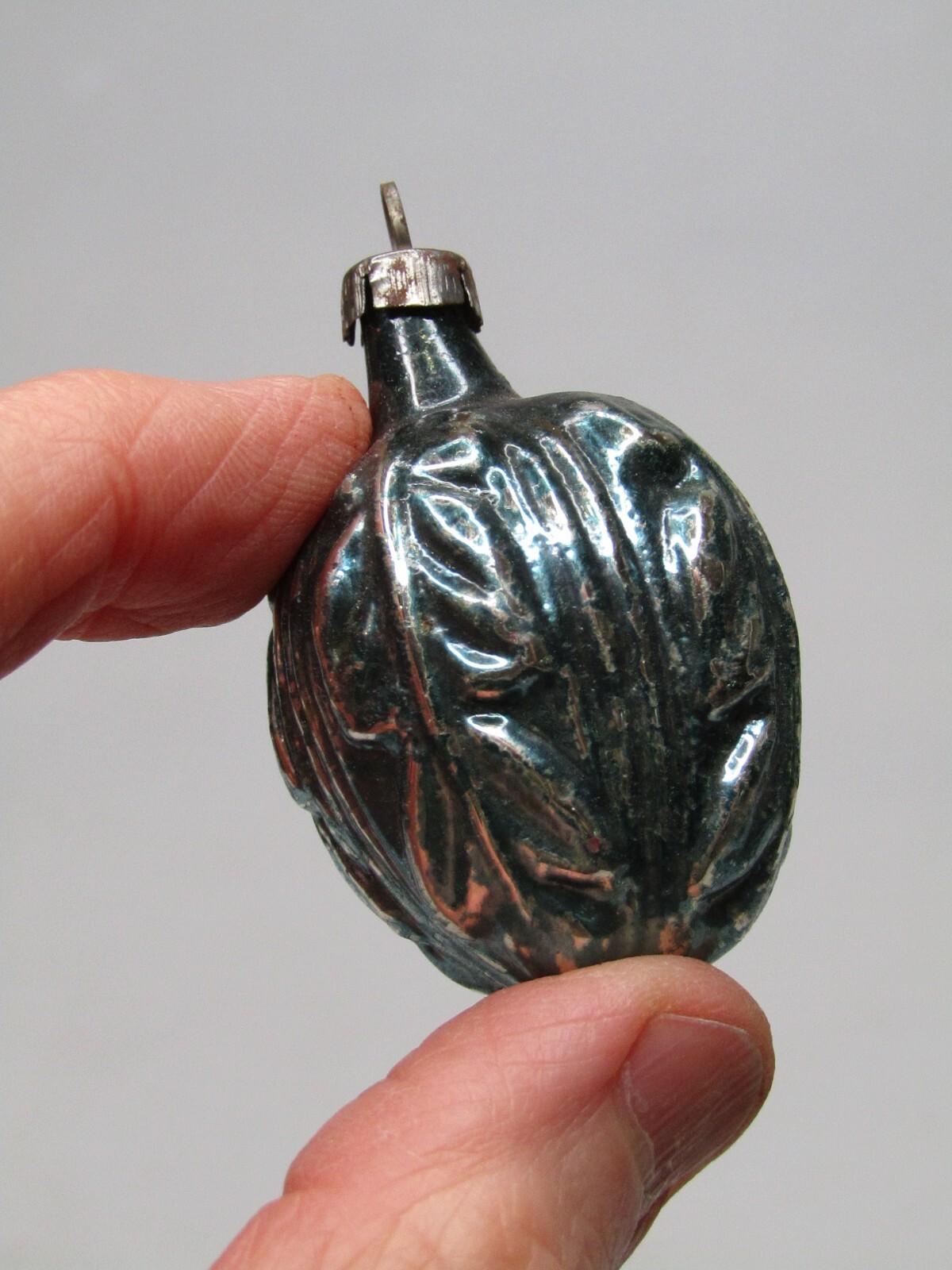 Antique VTG Blown Glass LEAF Embossed on Drop Christmas Mini Ornament Germany