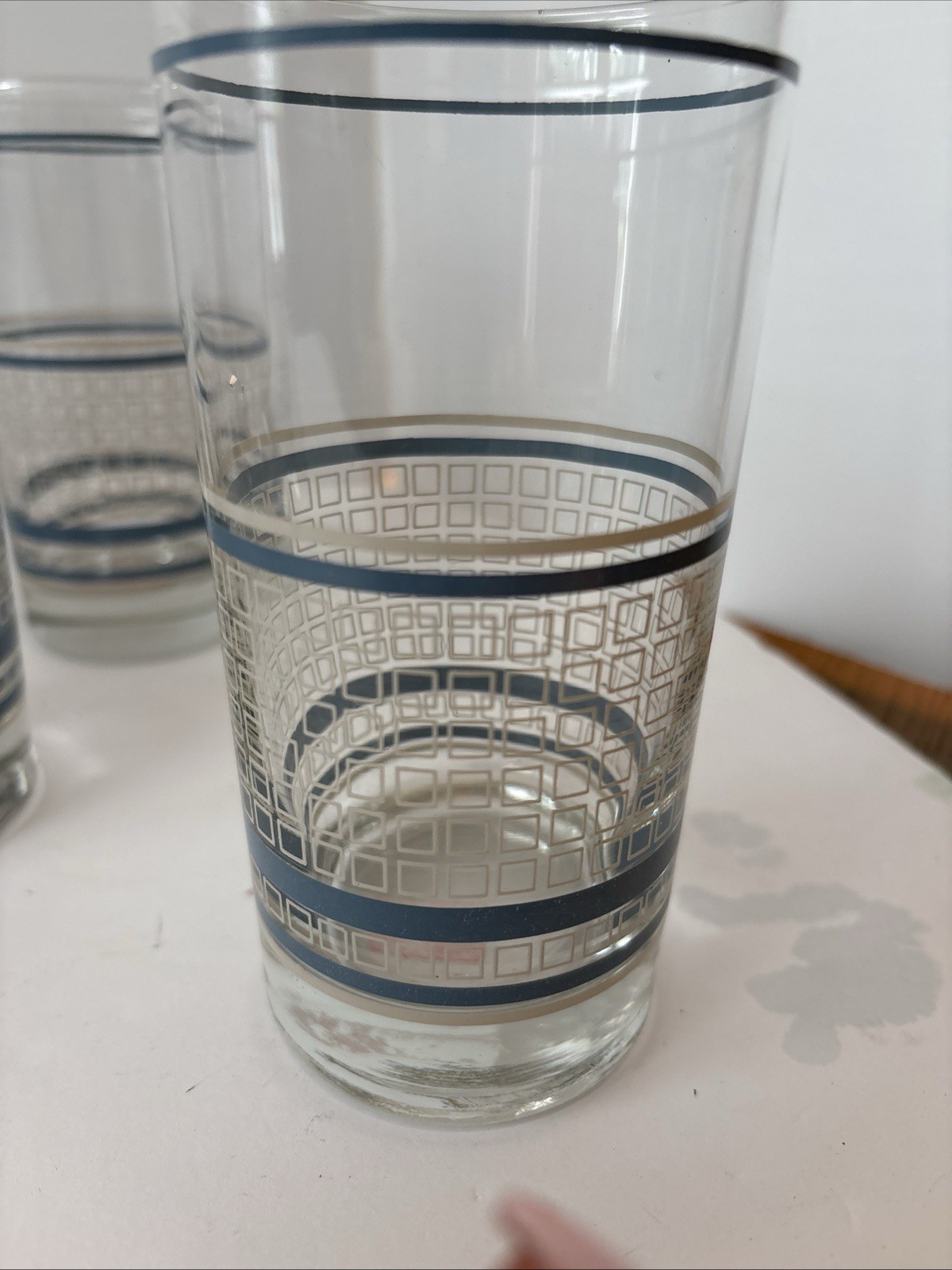 Geometric 5-1/2” Highball Glasses Set of 7 Blue & Beige Vintage MCM 1960s Retro