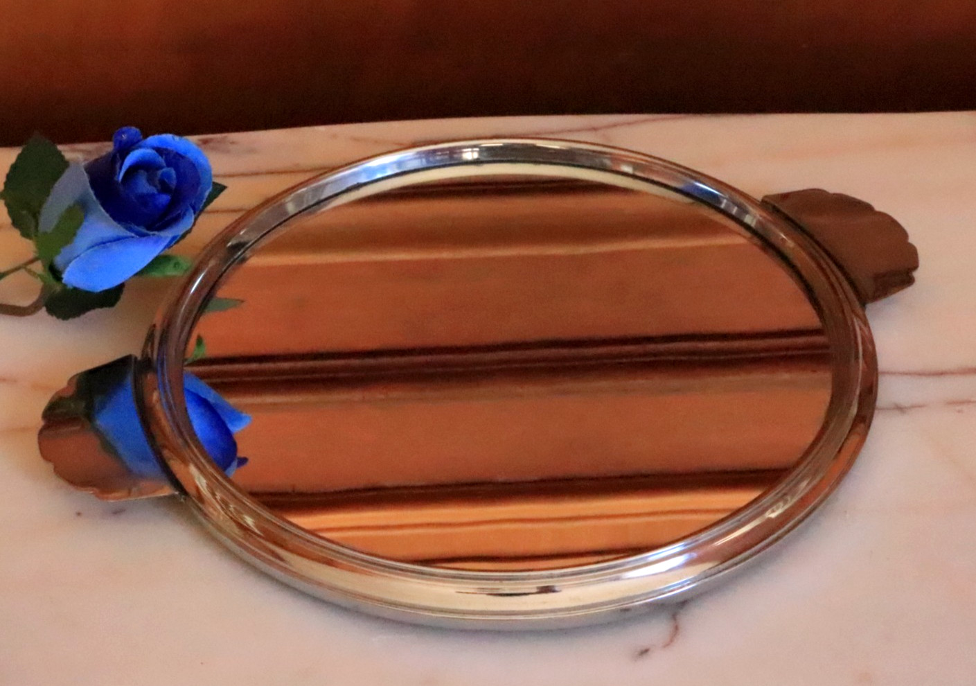 Antique French Art Deco Mirrored Round Cocktail Serving Tray Chromed -DDP to USA