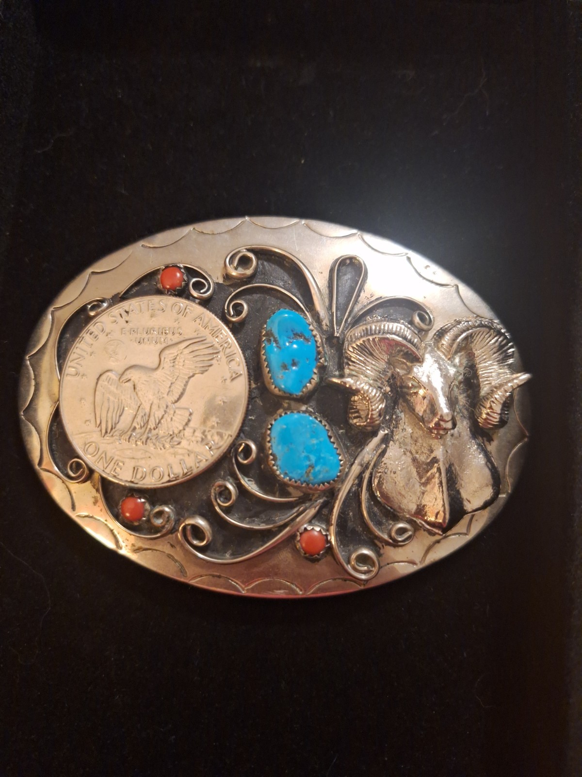 Vtg Squaw Wrap Belt Buckle Ram Turquoise Coral US Eisenhower Ike Dollar Coin Vtg Squaw Wrap Belt Buckle Ram Turquoise Coral US Eisenhower Ike Dollar Coin