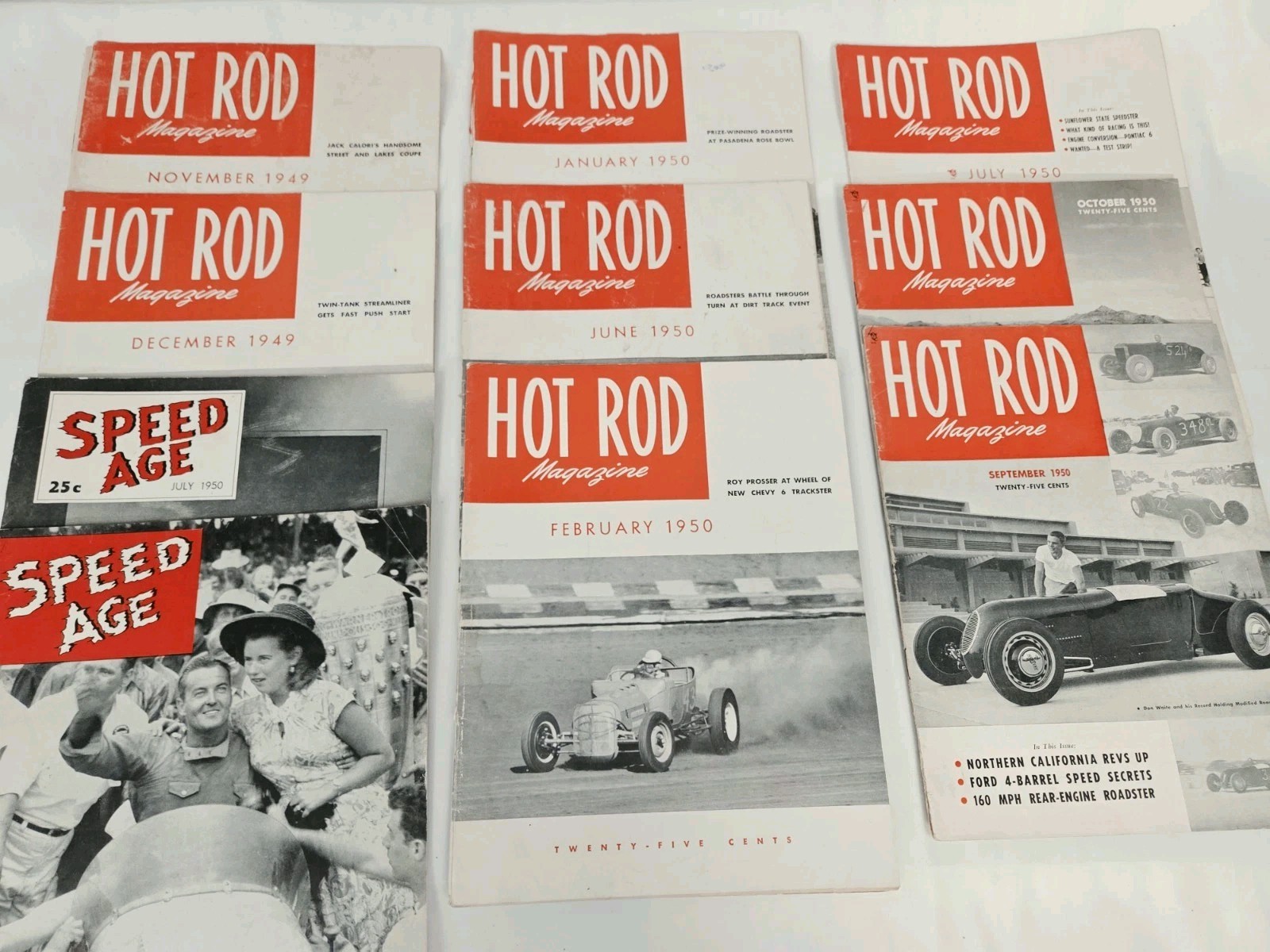 Lot (10) Vintage Hot Rod Magazines 1949 & 1950 + Speed Age, Roadster Car Race